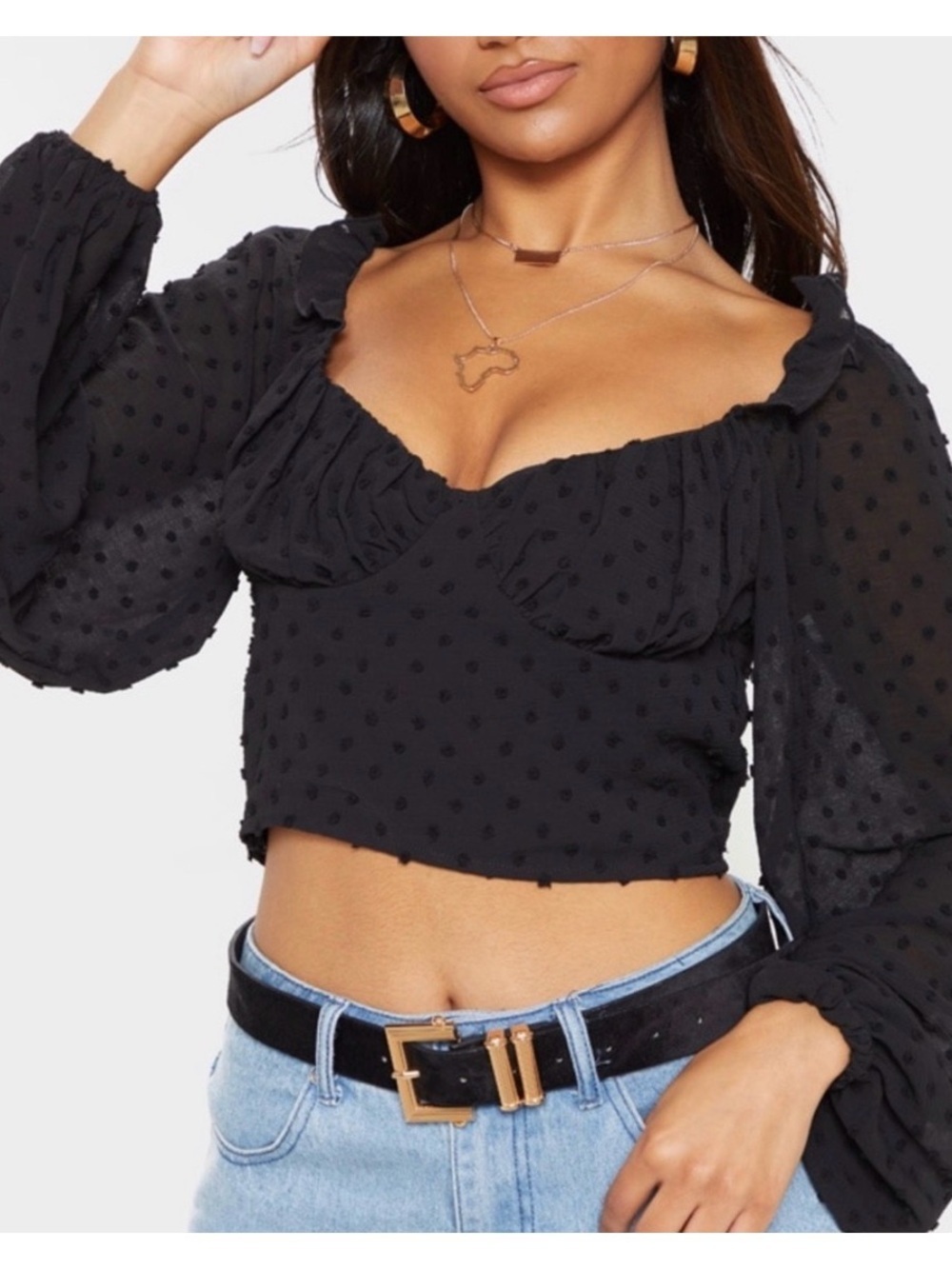PrettyLittleThing Black Dobby Mesh Ruched Sleeve Bardot Crop Top